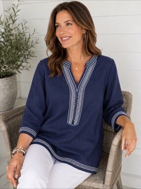 Jessica London 16W Blue-white embroidered seaming linen blend loose fit top boho